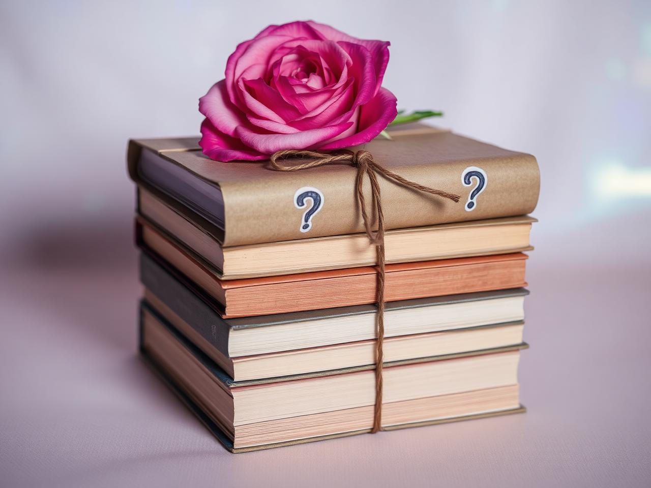 A stack of books wrapped in kraft paper with question marks and a pink rose on top